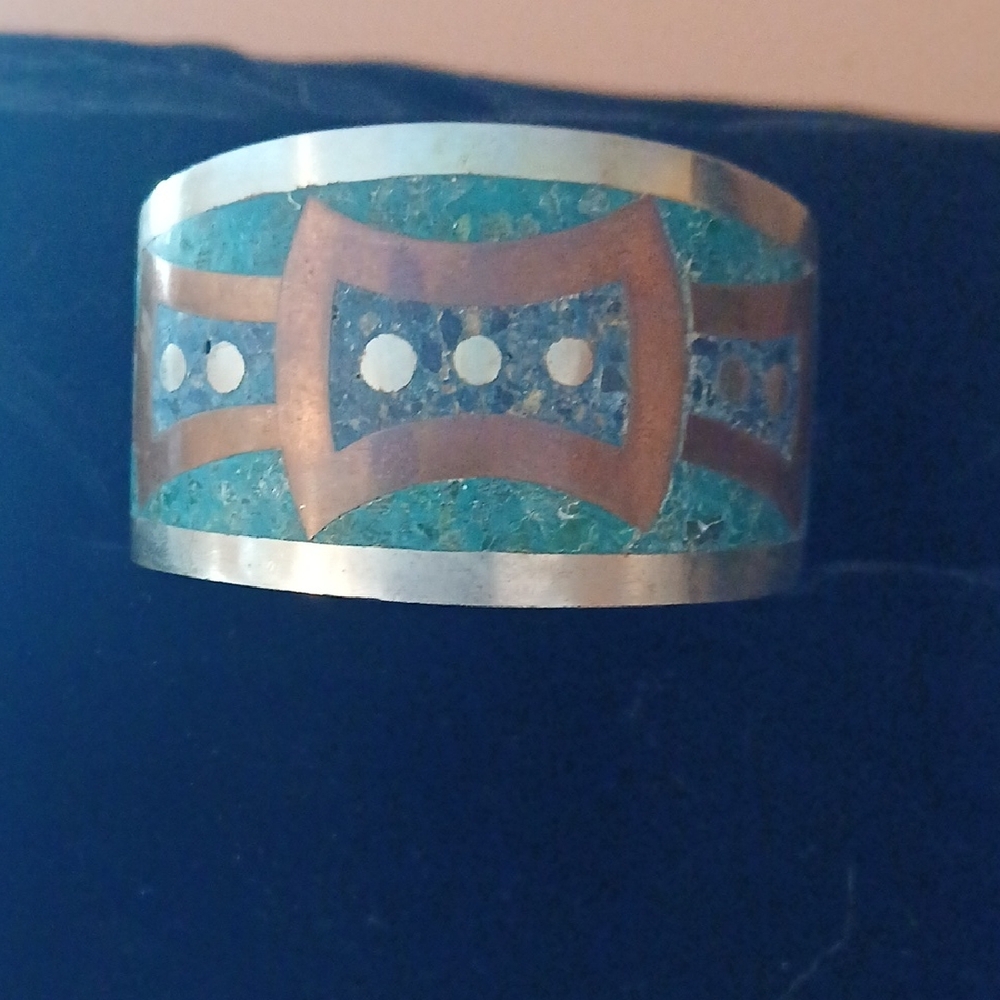 Taxco Antique Silver  Cuff Bracelet with Turquoise, Blue Lapis and Copper Inlay